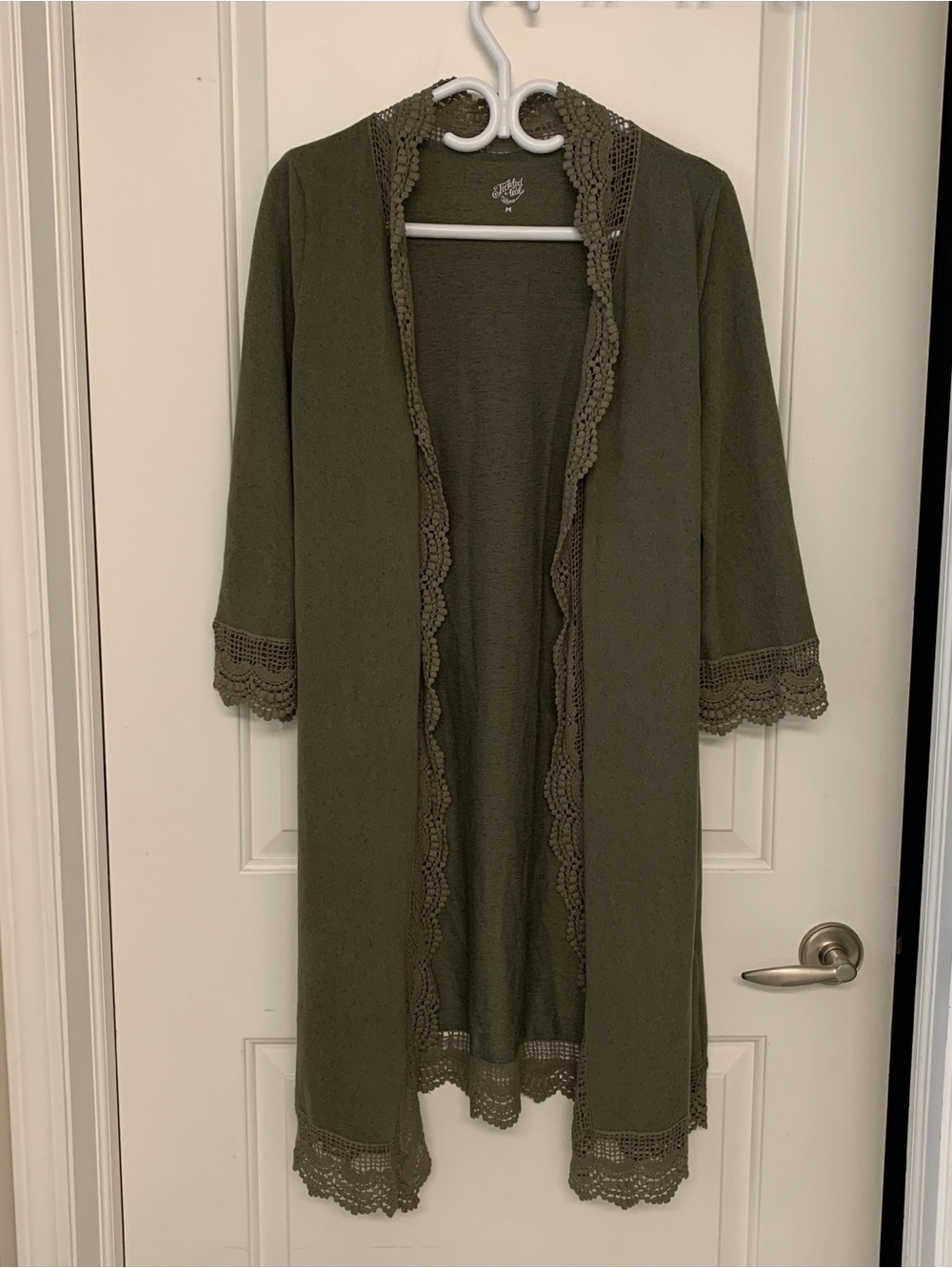 Tickled Teal Open Front Cardigan Medium Green 3/4 Sleeve Crochet Lace Trim Boho